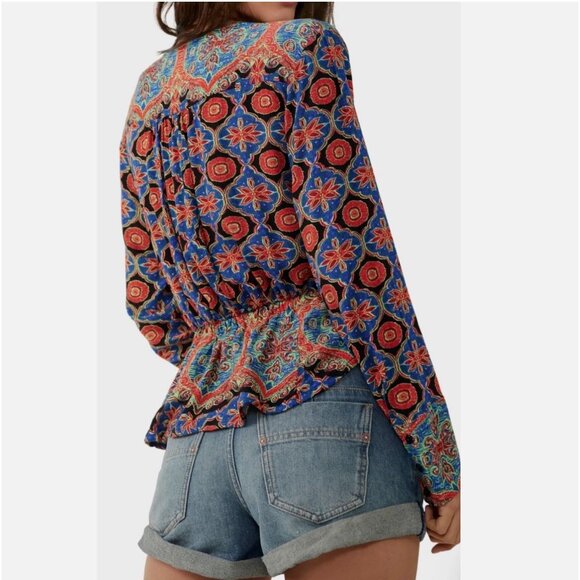 Free People Falling For You Peplum Top XS Faux Wrap Floral Long Sleeve Blue Boho - Picture 2 of 6